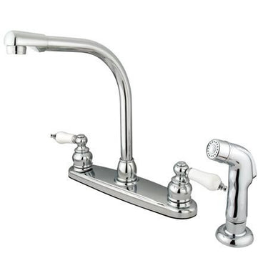 Kingston Brass GKB711SP Water Saving Victorian High Arch Kitchen Faucet with Oak & Porcelain Lever Handles and Sprayer, Chrome Kitchen Faucet Kingston Brass